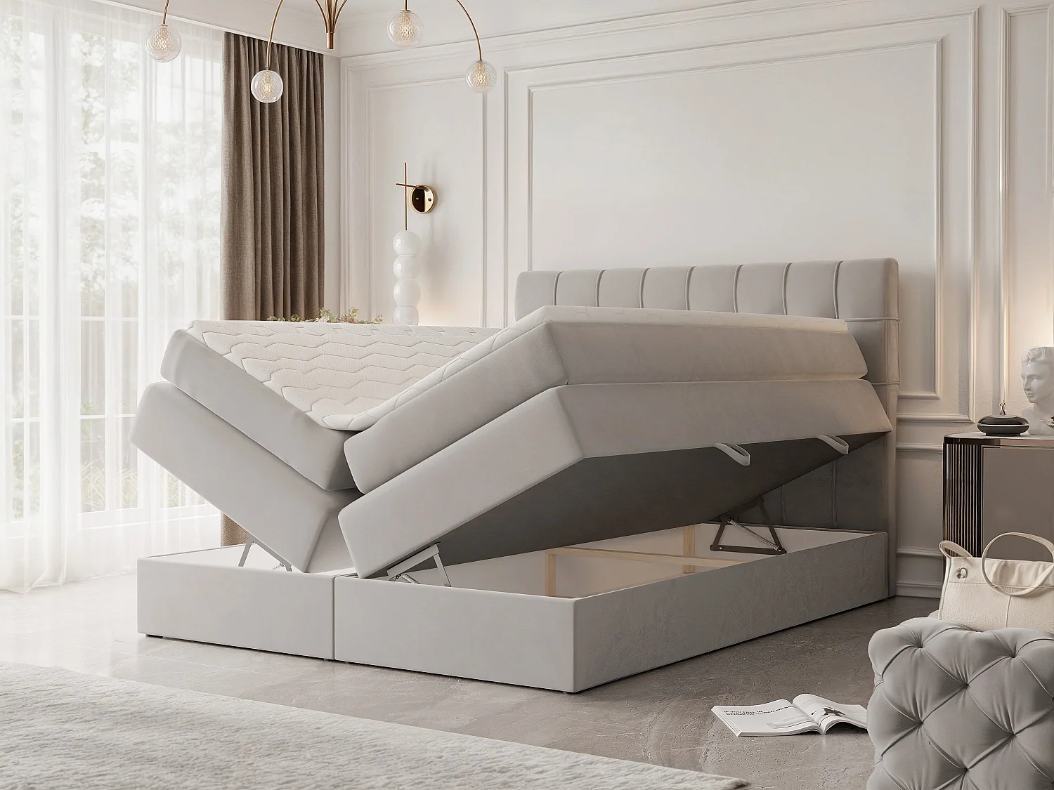 Lit continental rembourré avec surmatelas, gris clair - 140x200 - SANTINO