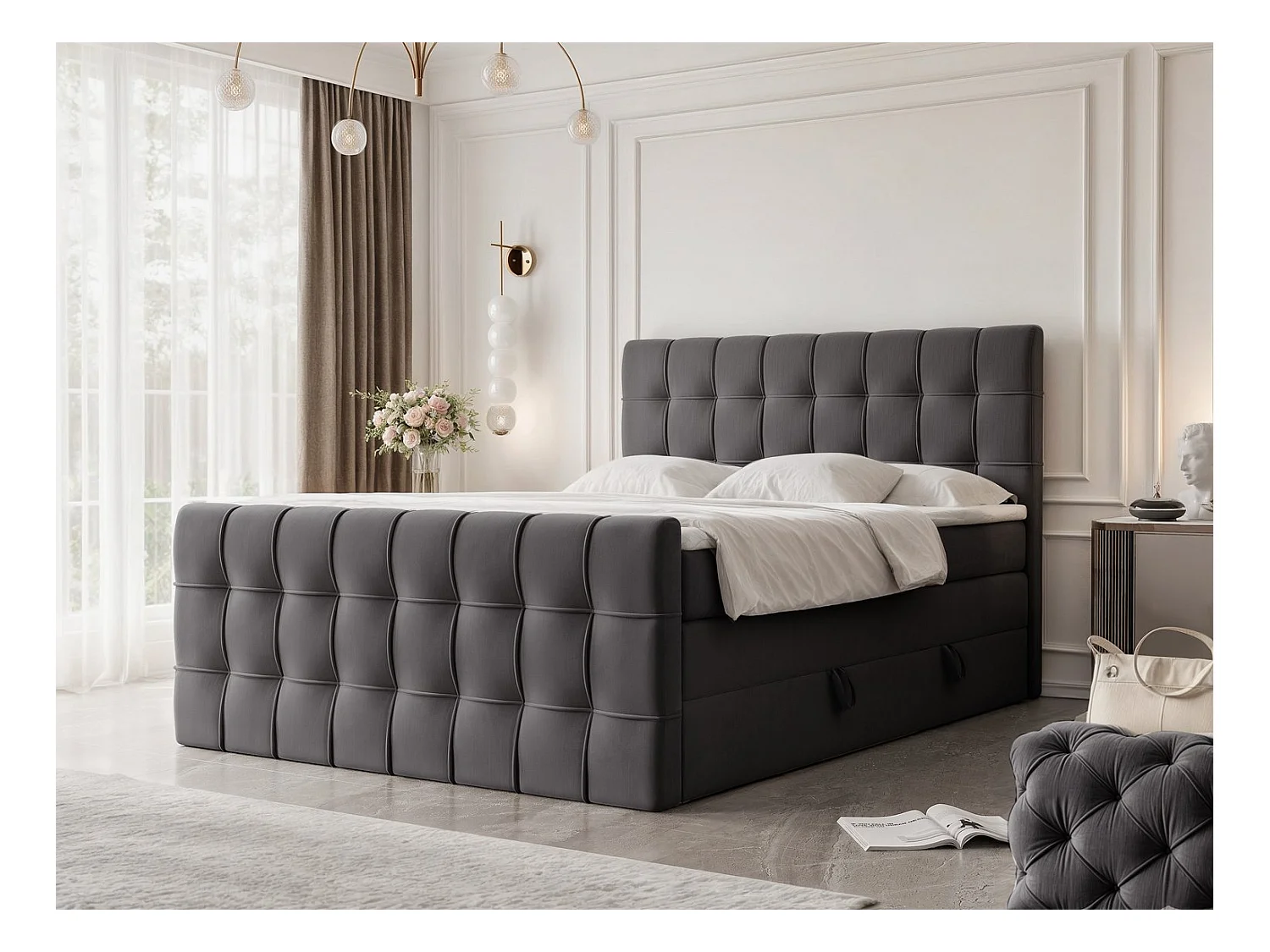 Lit continental rembourré avec surmatelas, gris anthracite - 200x200 - SANTORIO