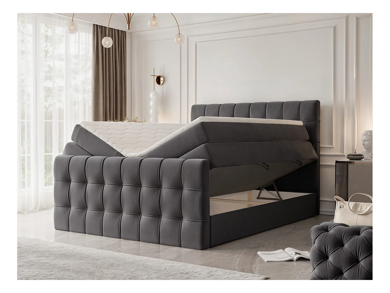 Lit continental rembourré avec surmatelas, gris anthracite - 200x200 - SANTORIO