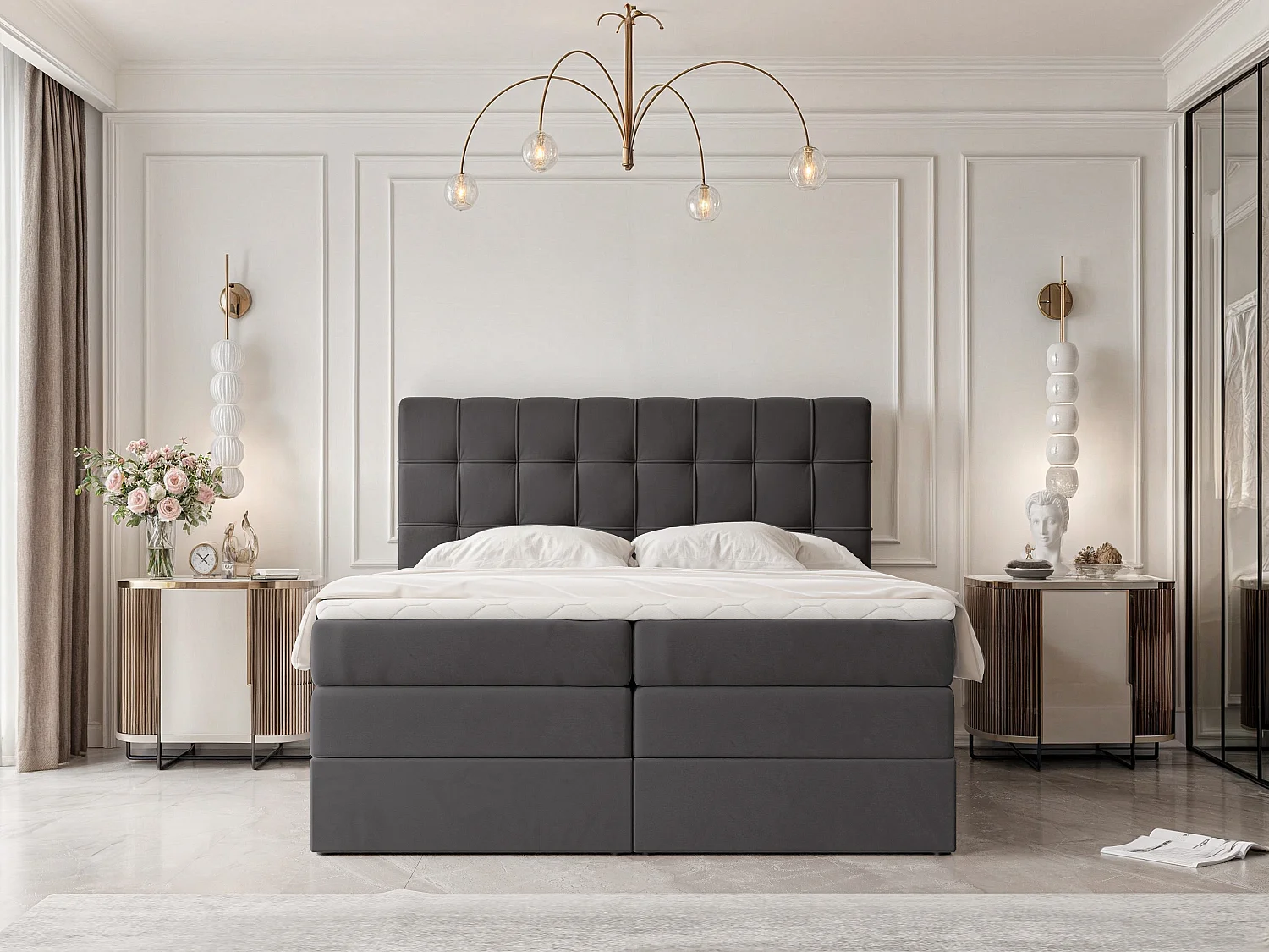 Lit continental rembourré avec surmatelas, noir - 180x200 - SANTINO