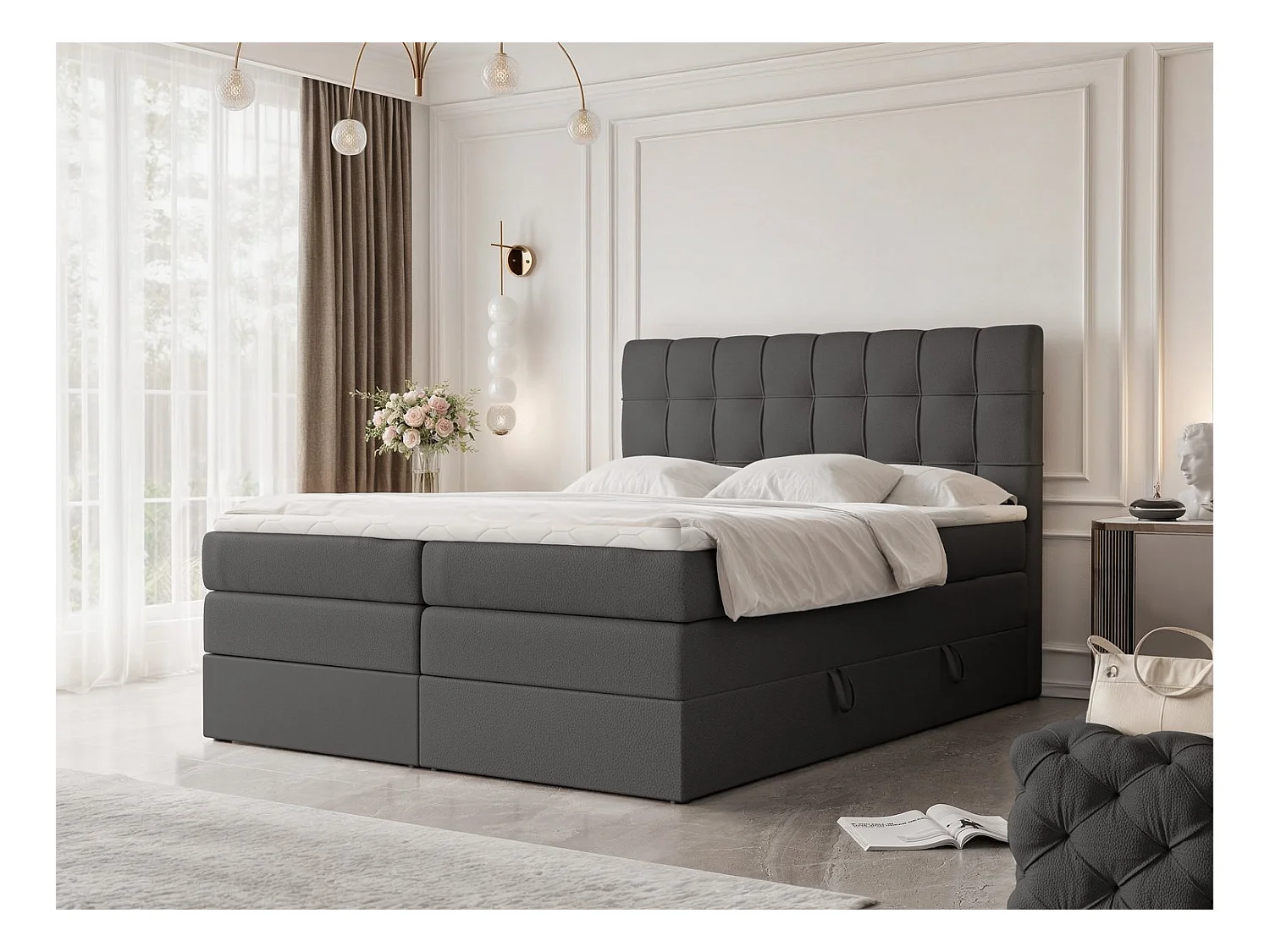 Lit continental rembourré avec surmatelas, noir  - 160x200 - SANTINO