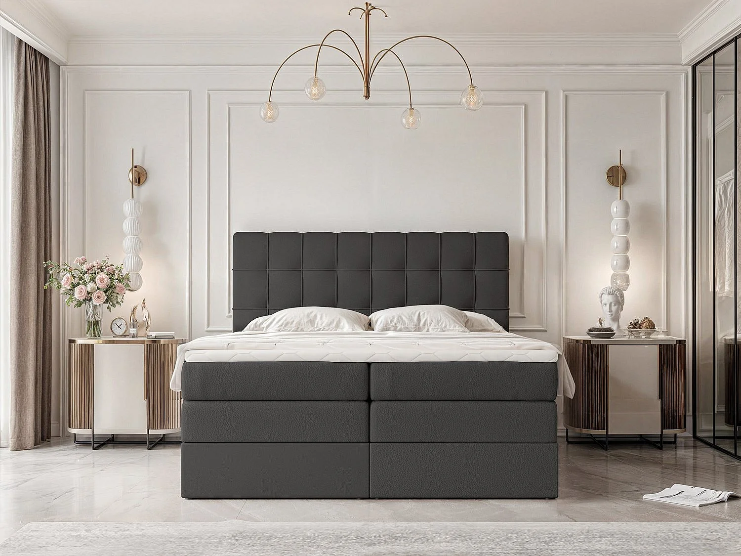 Lit continental rembourré avec surmatelas, noir  - 160x200 - SANTINO