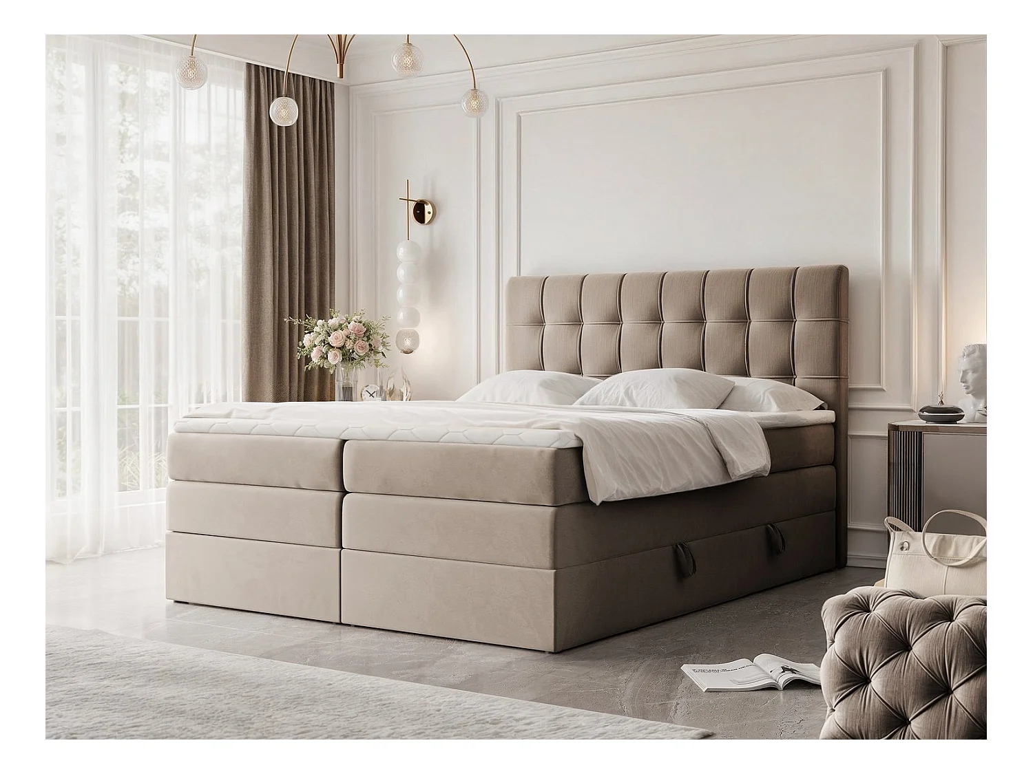 Lit continental rembourré avec surmatelas, marron - 120x200 - SANTINO
