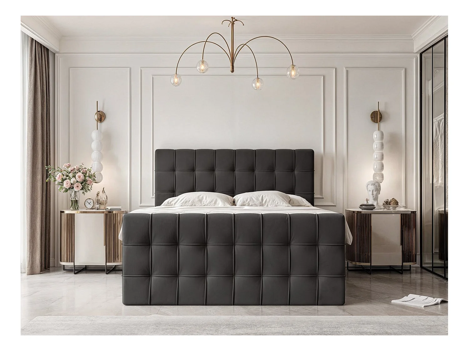 Lit continental rembourré avec surmatelas, noir - 180x200 - SANTORIO