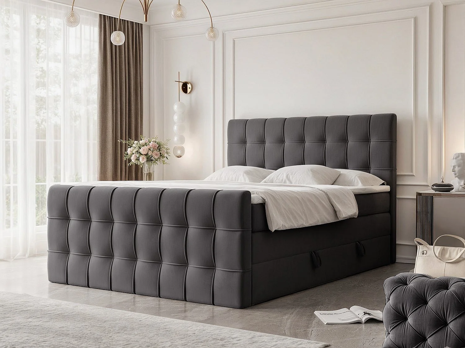 Lit continental rembourré avec surmatelas, gris anthracite - 140x200 - SANTORIO