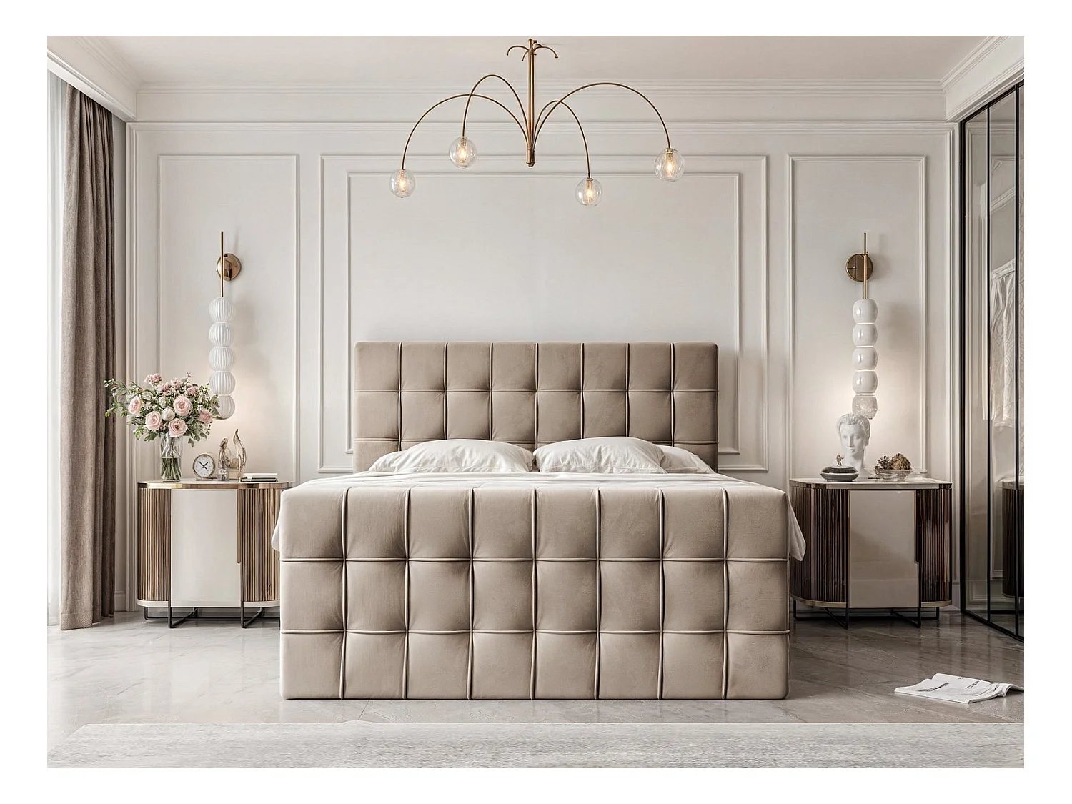 Lit continental rembourré avec surmatelas, marron - 180x200 - SANTORIO