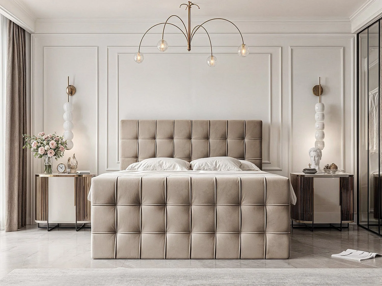 Lit continental rembourré avec surmatelas, marron - 180x200 - SANTORIO