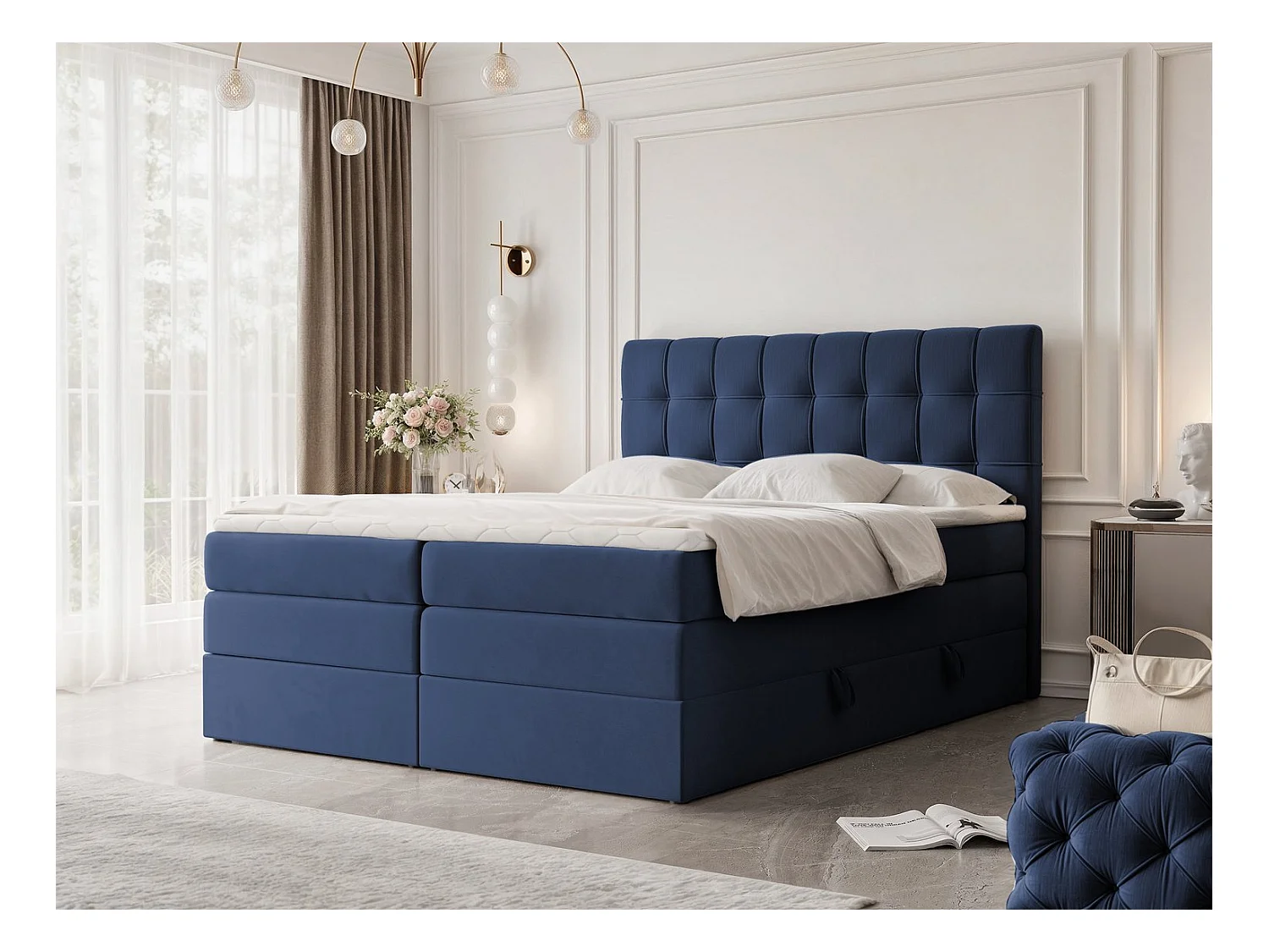 Lit continental rembourré avec surmatelas, bleu - 160x200 - SANTINO