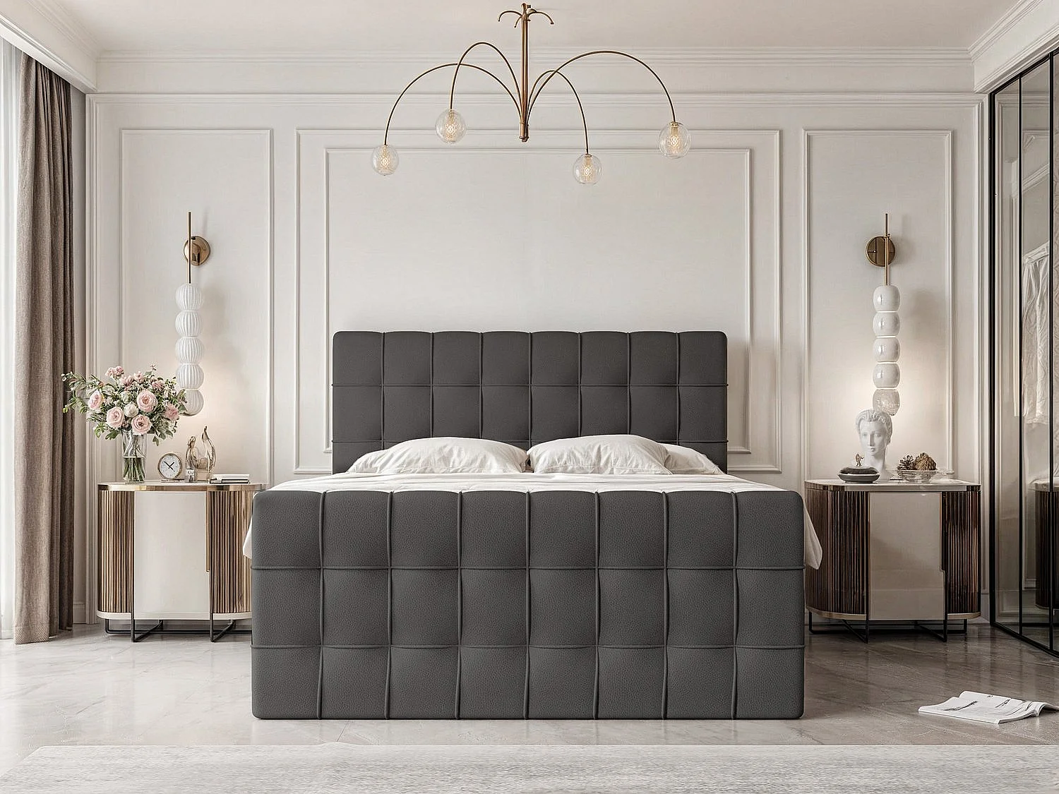 Lit continental rembourré avec surmatelas, noir  - 140x200 - SANTORIO