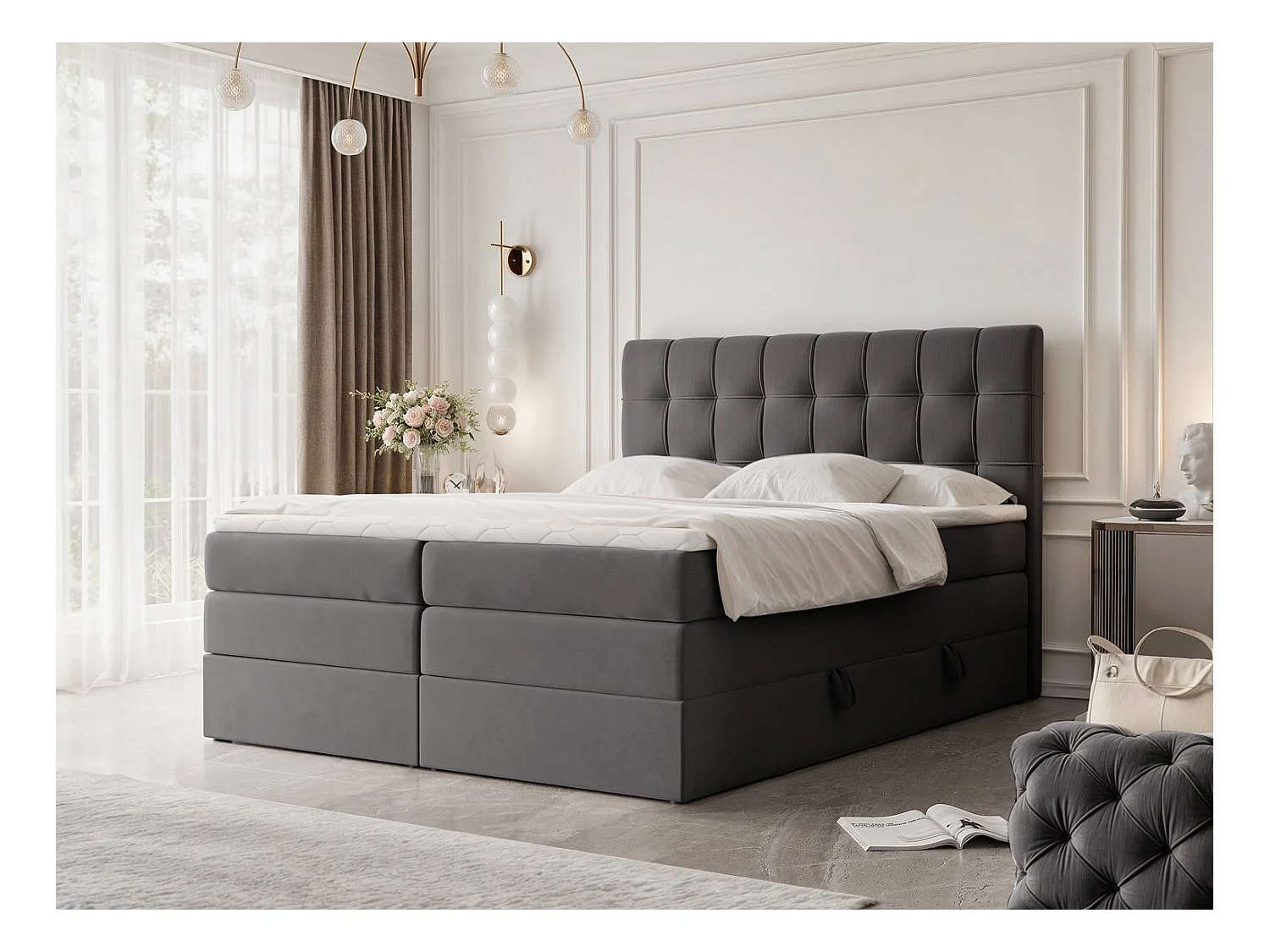 Lit continental rembourré avec surmatelas, gris anthracite - 120x200 - SANTINO
