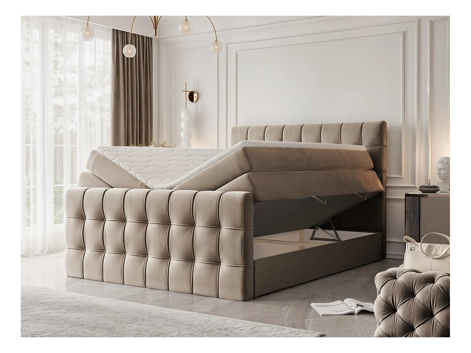 Lit continental rembourré avec surmatelas, marron - 200x200 - SANTORIO