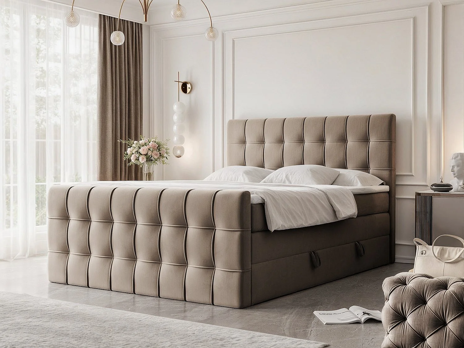 Lit continental rembourré avec surmatelas, marron - 200x200 - SANTORIO