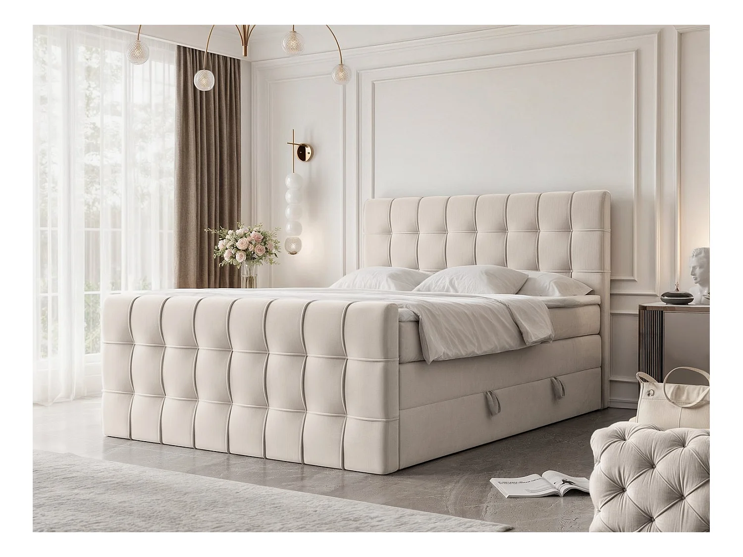 Lit continental rembourré avec surmatelas, beige - 180x200 - SANTORIO