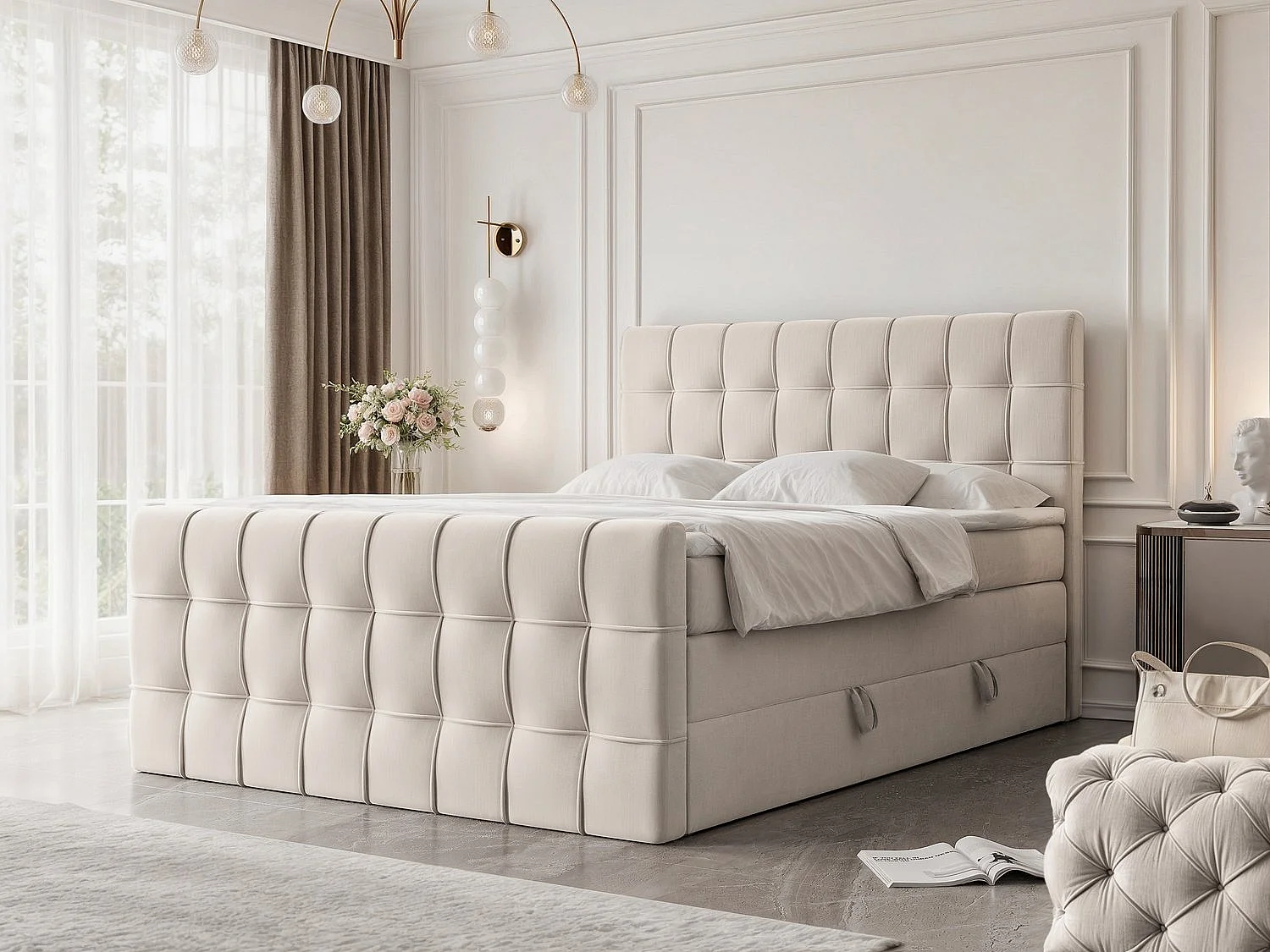 Lit continental rembourré avec surmatelas, beige - 180x200 - SANTORIO