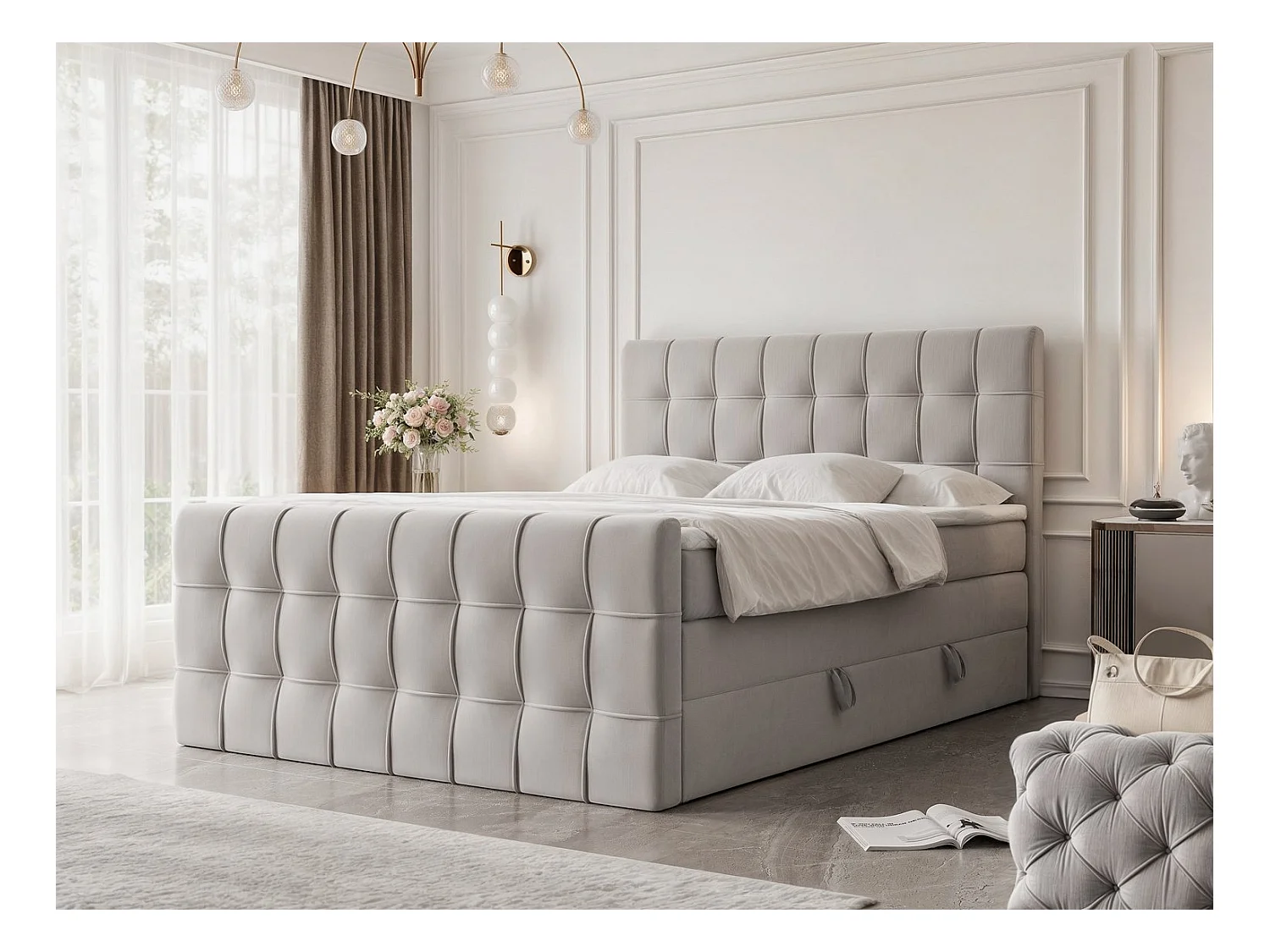Lit continental rembourré avec surmatelas, gris clair - 200x200 - SANTORIO