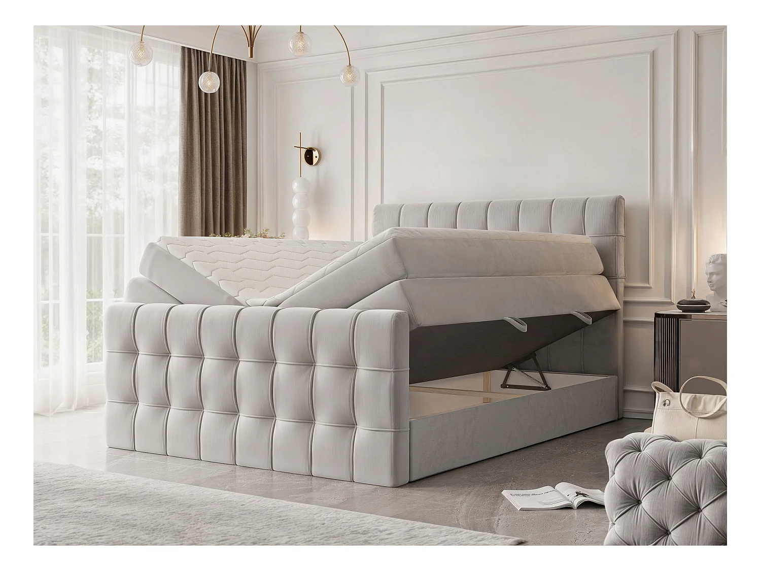 Lit continental rembourré avec surmatelas, gris clair - 200x200 - SANTORIO
