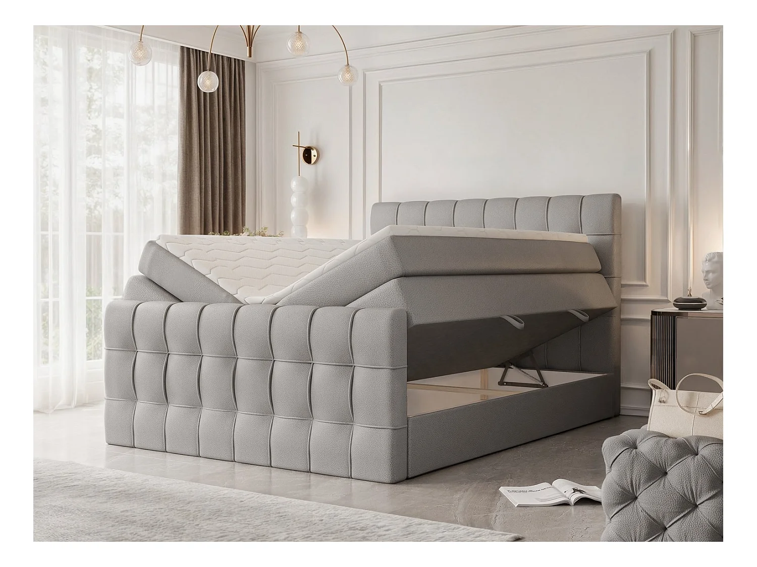 Lit continental rembourré avec surmatelas, gris  - 200x200 - SANTORIO