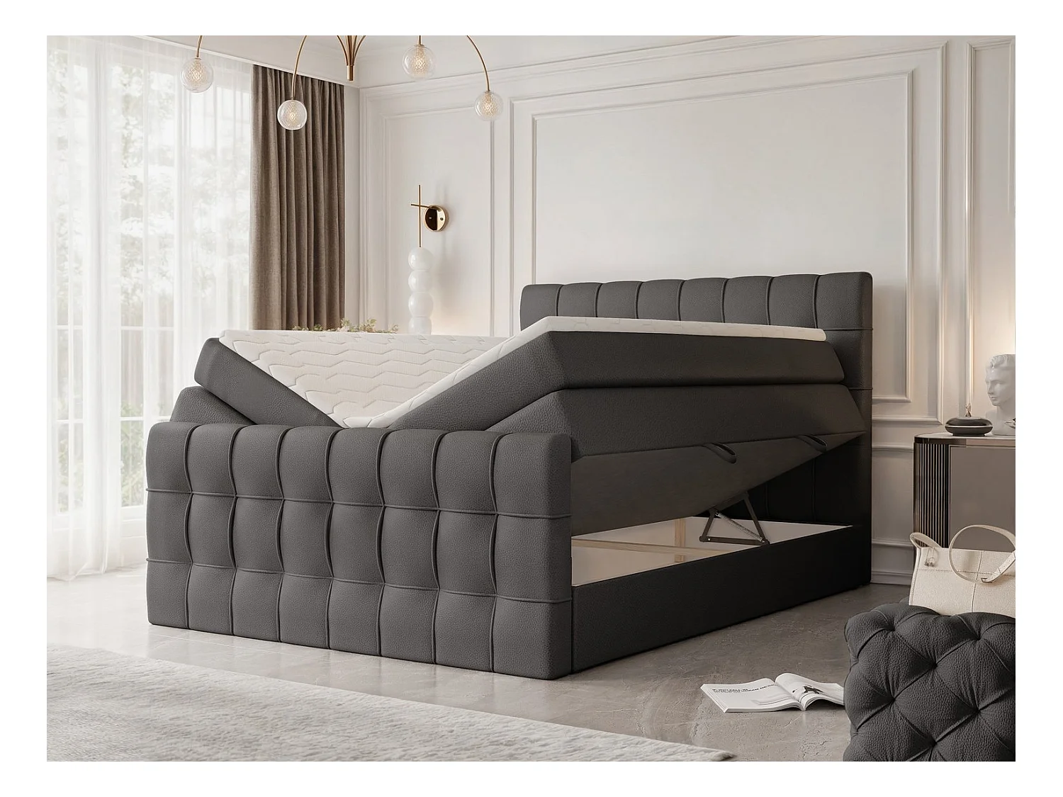 Lit continental rembourré avec surmatelas, noir  - 200x200 - SANTORIO