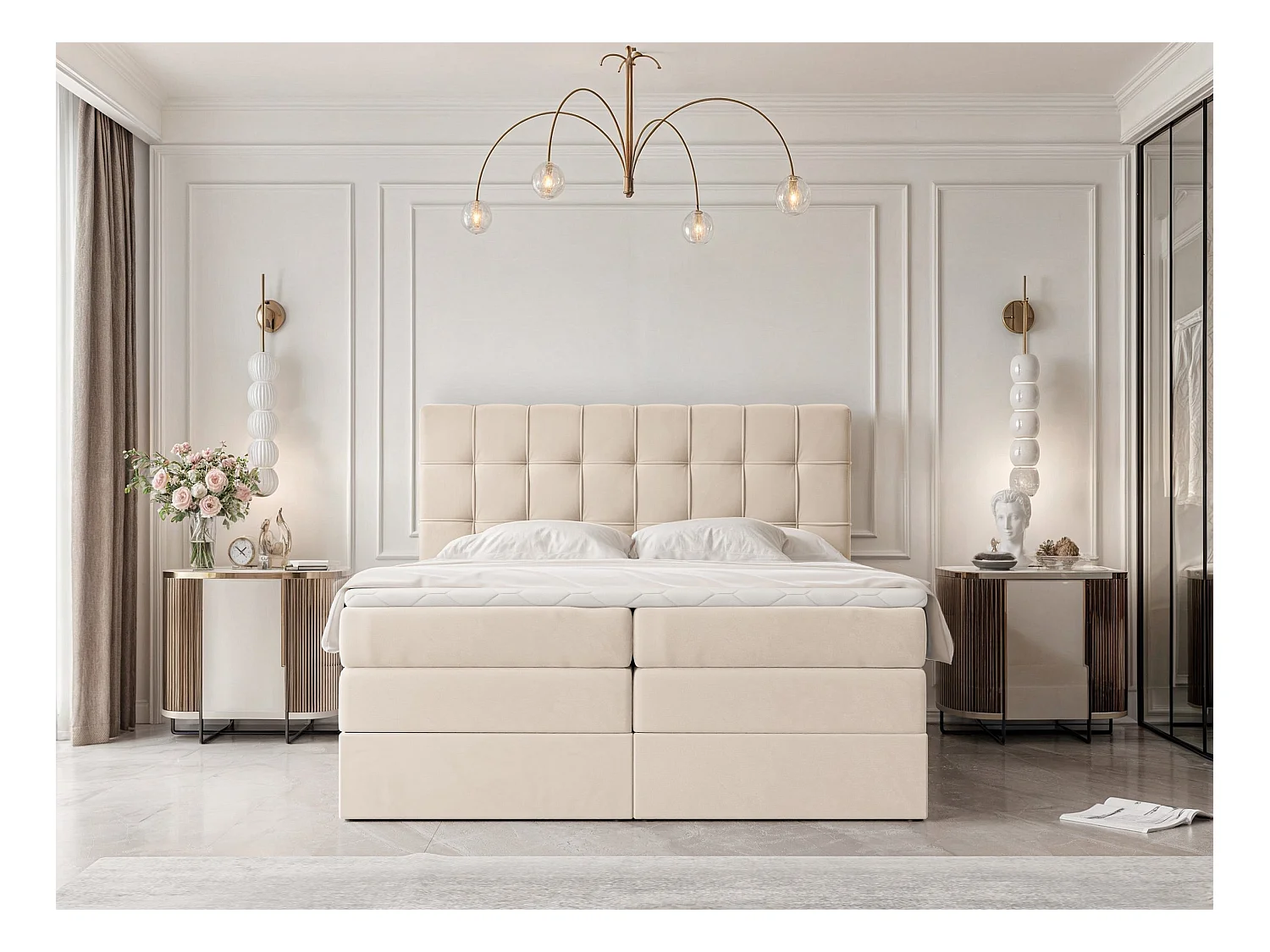 Lit continental rembourré avec surmatelas, crème - 140x200 - SANTINO