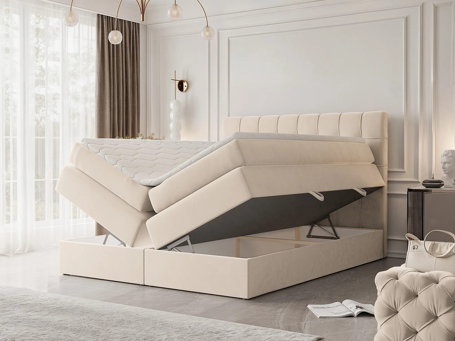 Lit continental rembourré avec surmatelas, crème - 140x200 - SANTINO