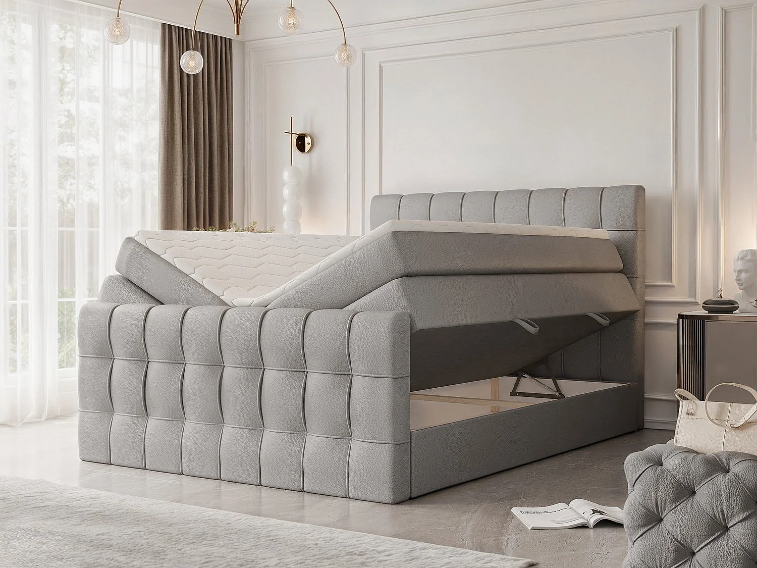Lit continental rembourré avec surmatelas, gris  - 160x200 - SANTORIO
