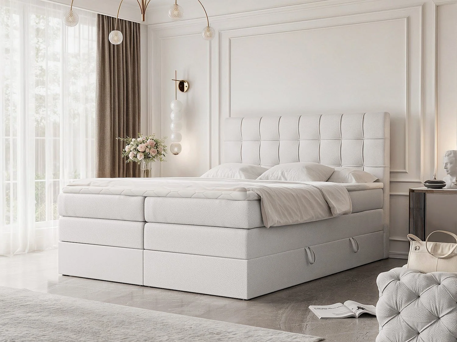 Lit continental rembourré avec surmatelas, blanc  - 140x200 - SANTINO