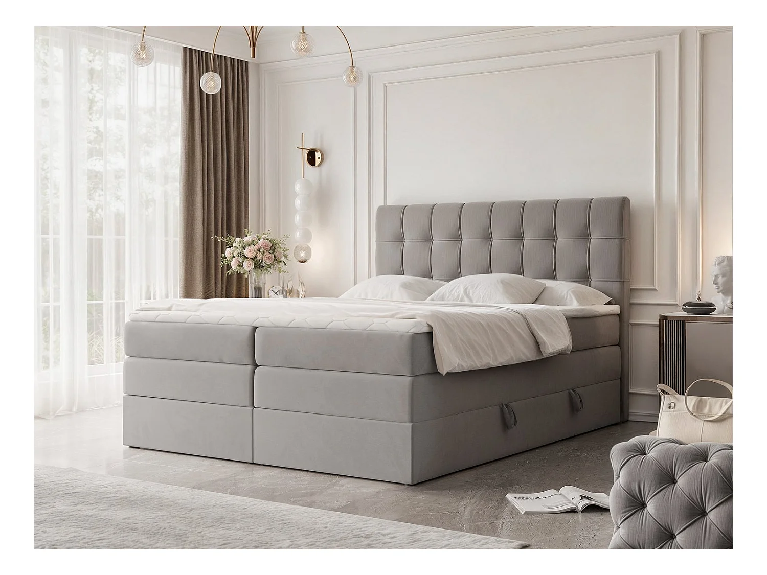 Lit continental rembourré avec surmatelas, gris - 180x200 - SANTINO