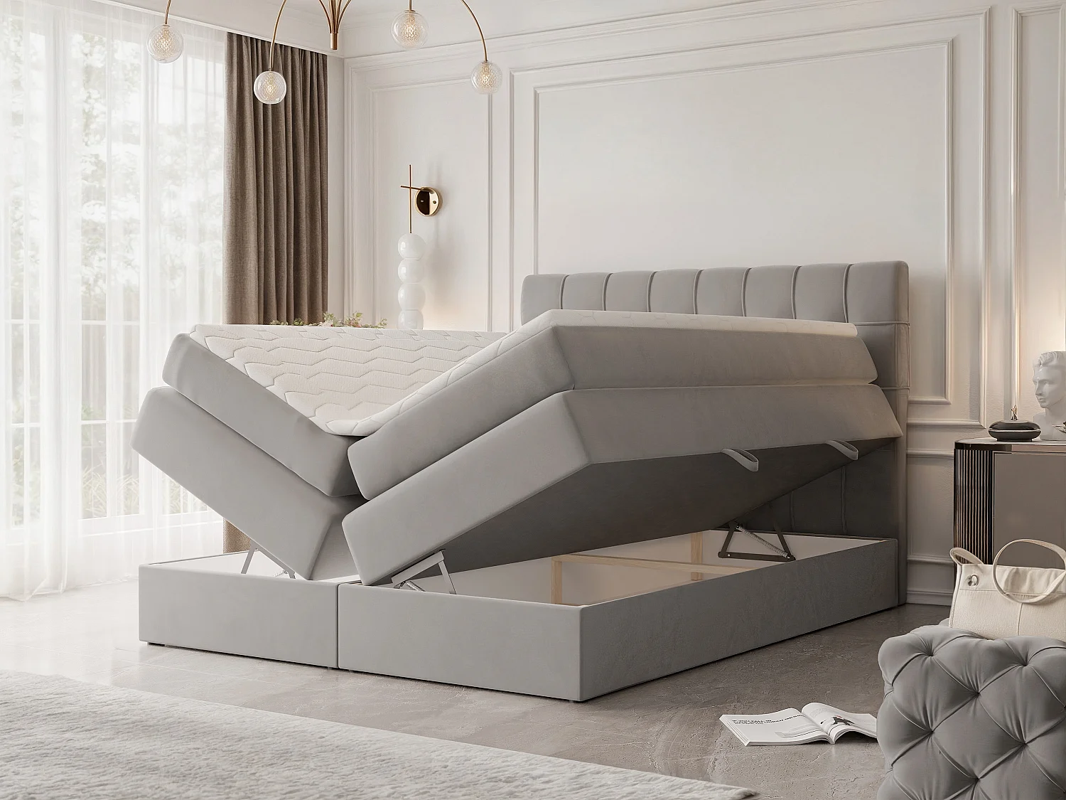 Lit continental rembourré avec surmatelas, gris - 180x200 - SANTINO