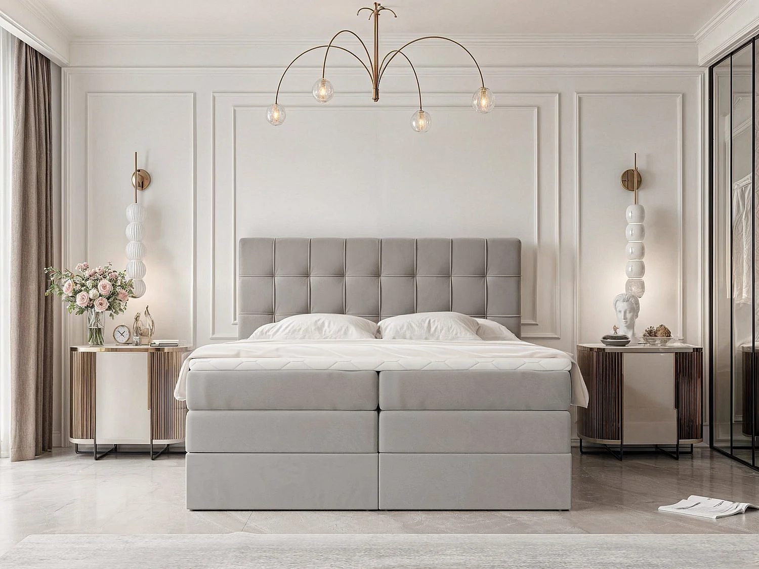 Lit continental rembourré avec surmatelas, gris - 180x200 - SANTINO