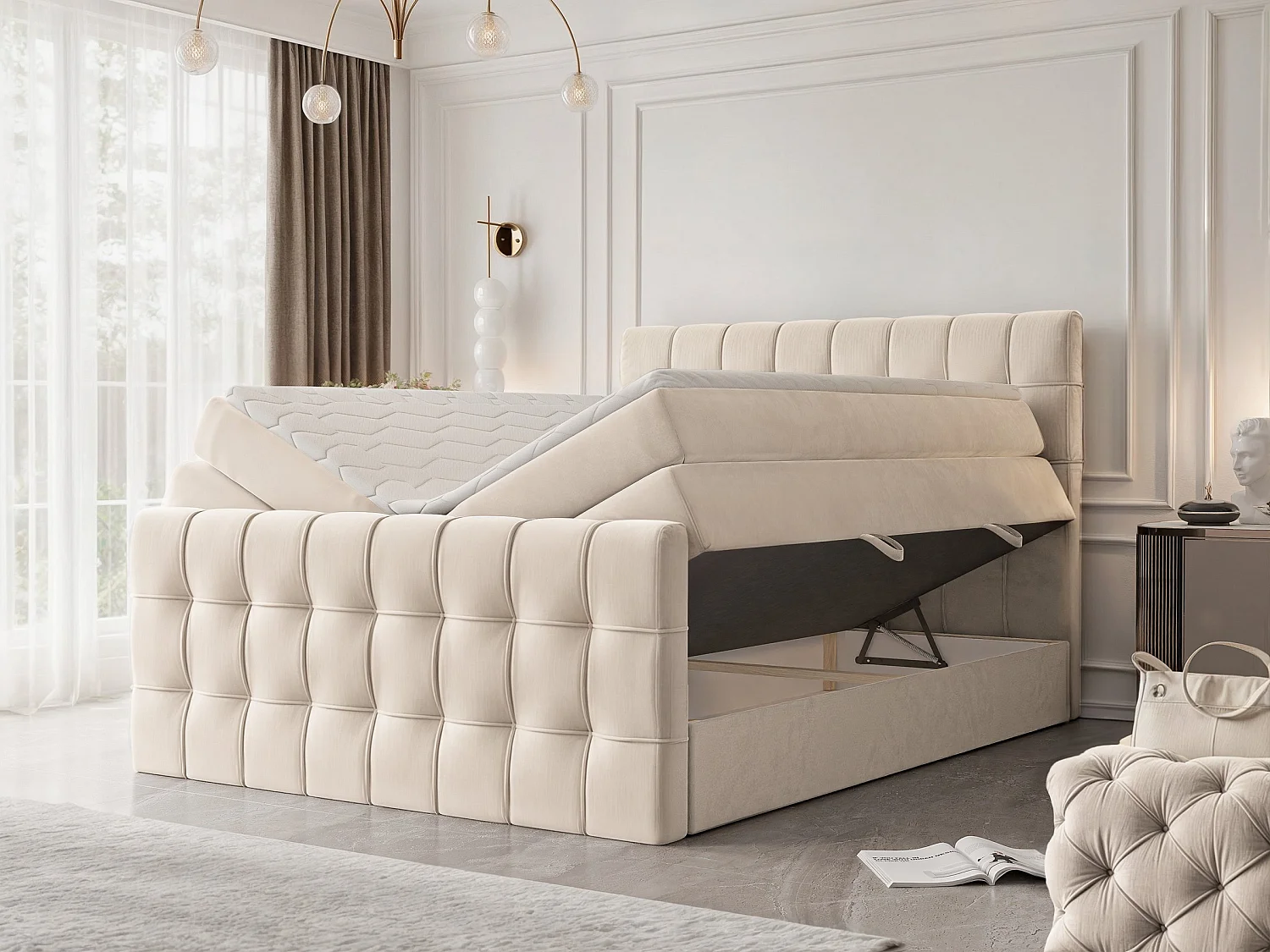 Lit continental rembourré avec surmatelas, crème - 180x200 - SANTORIO