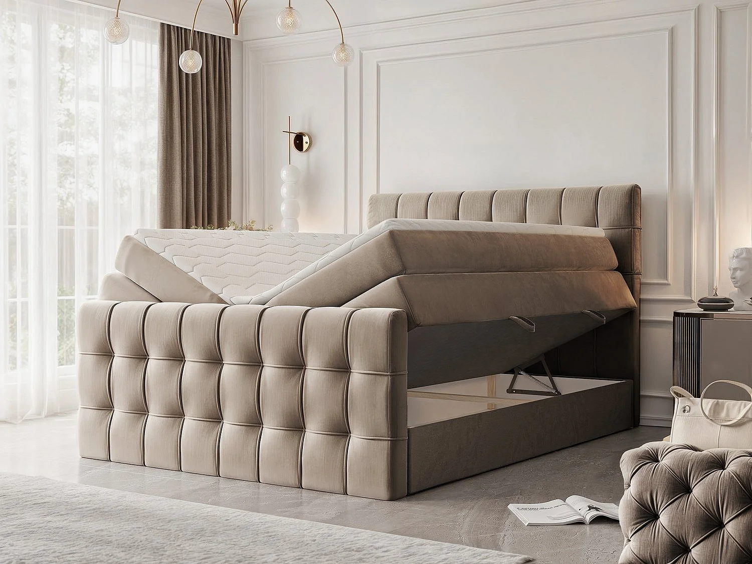 Lit continental rembourré avec surmatelas, marron - 140x200 - SANTORIO