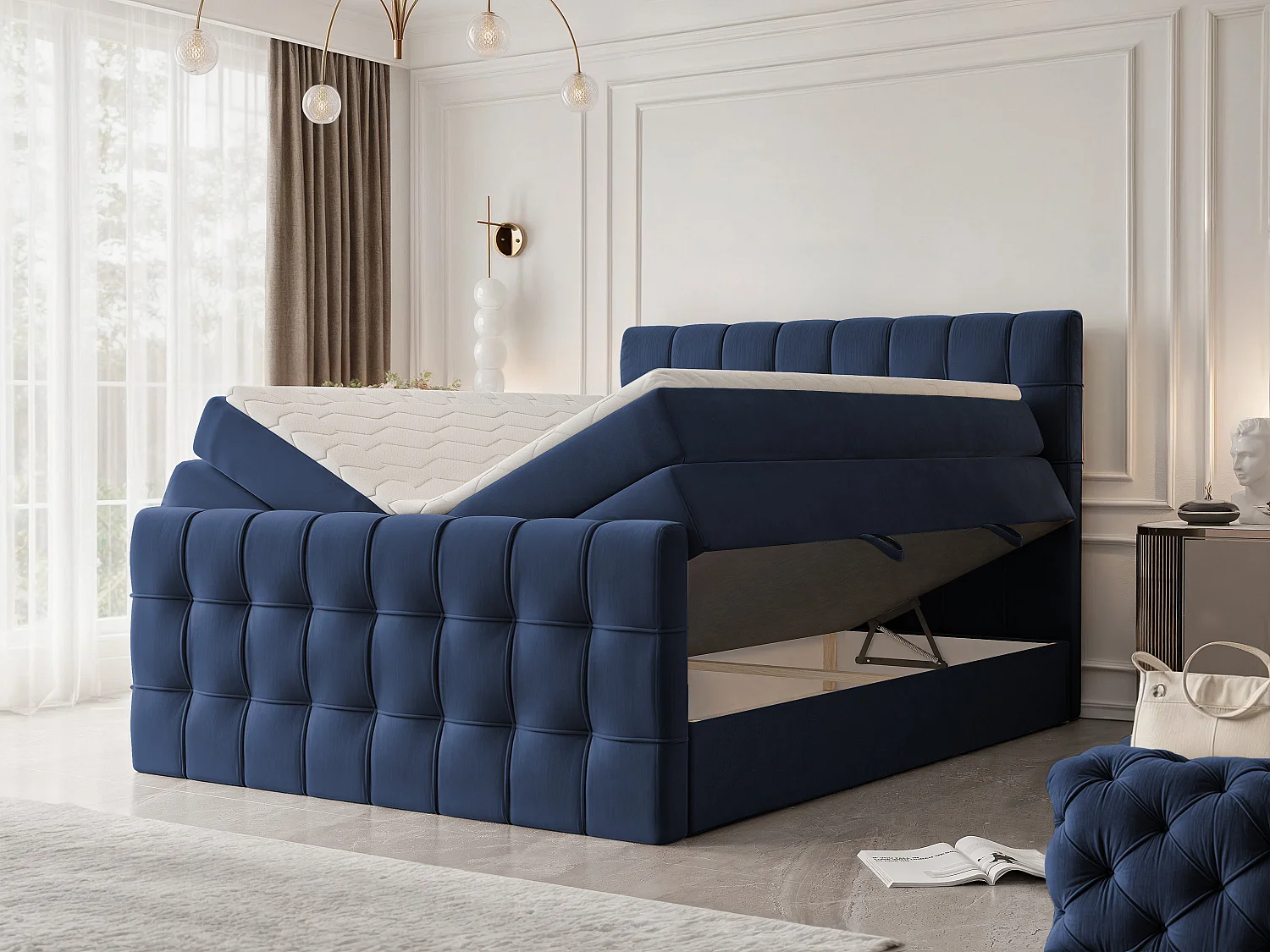 Lit continental rembourré avec surmatelas, bleu - 120x200 - SANTORIO