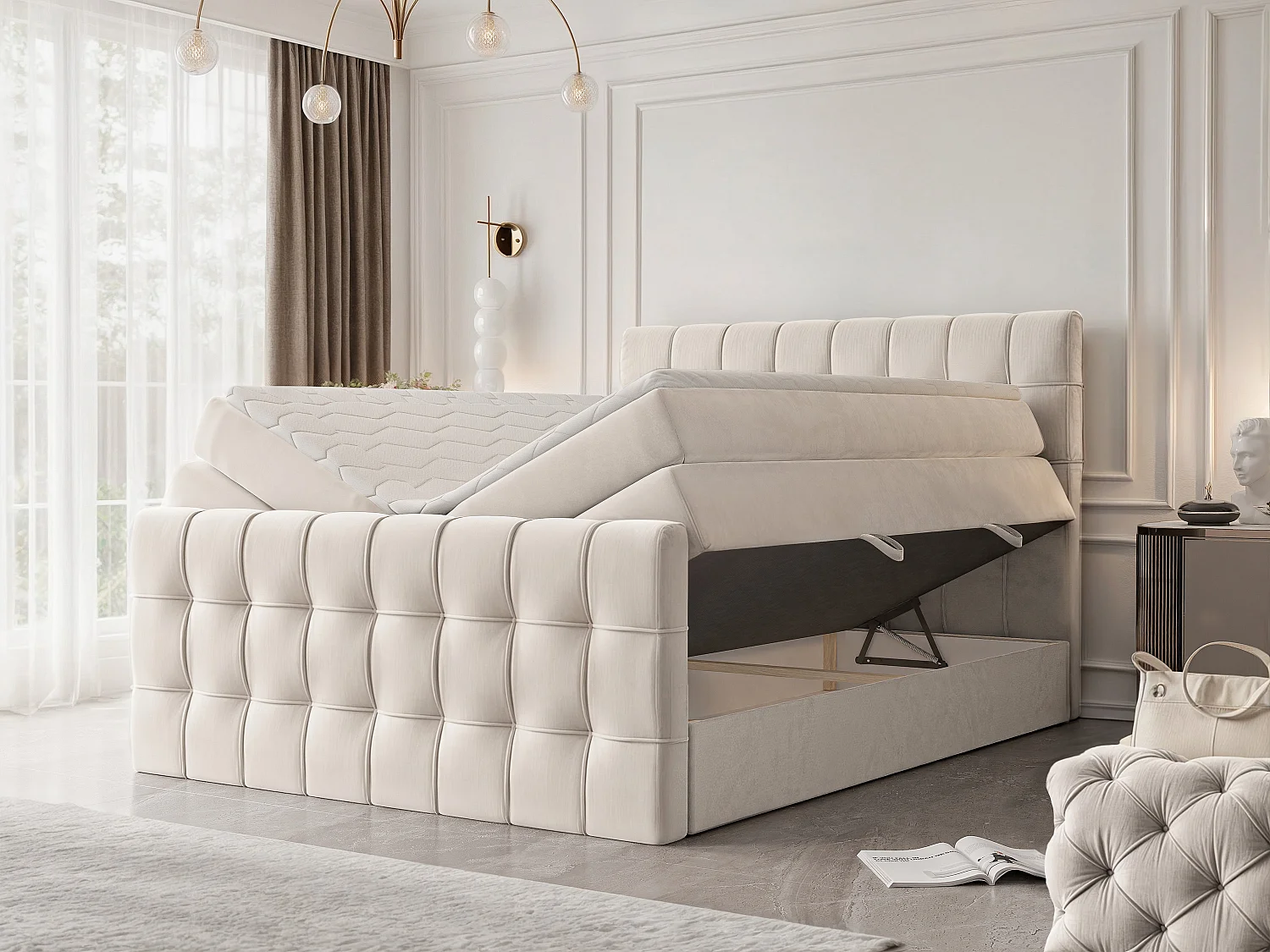 Lit continental rembourré avec surmatelas, beige - 160x200 - SANTORIO