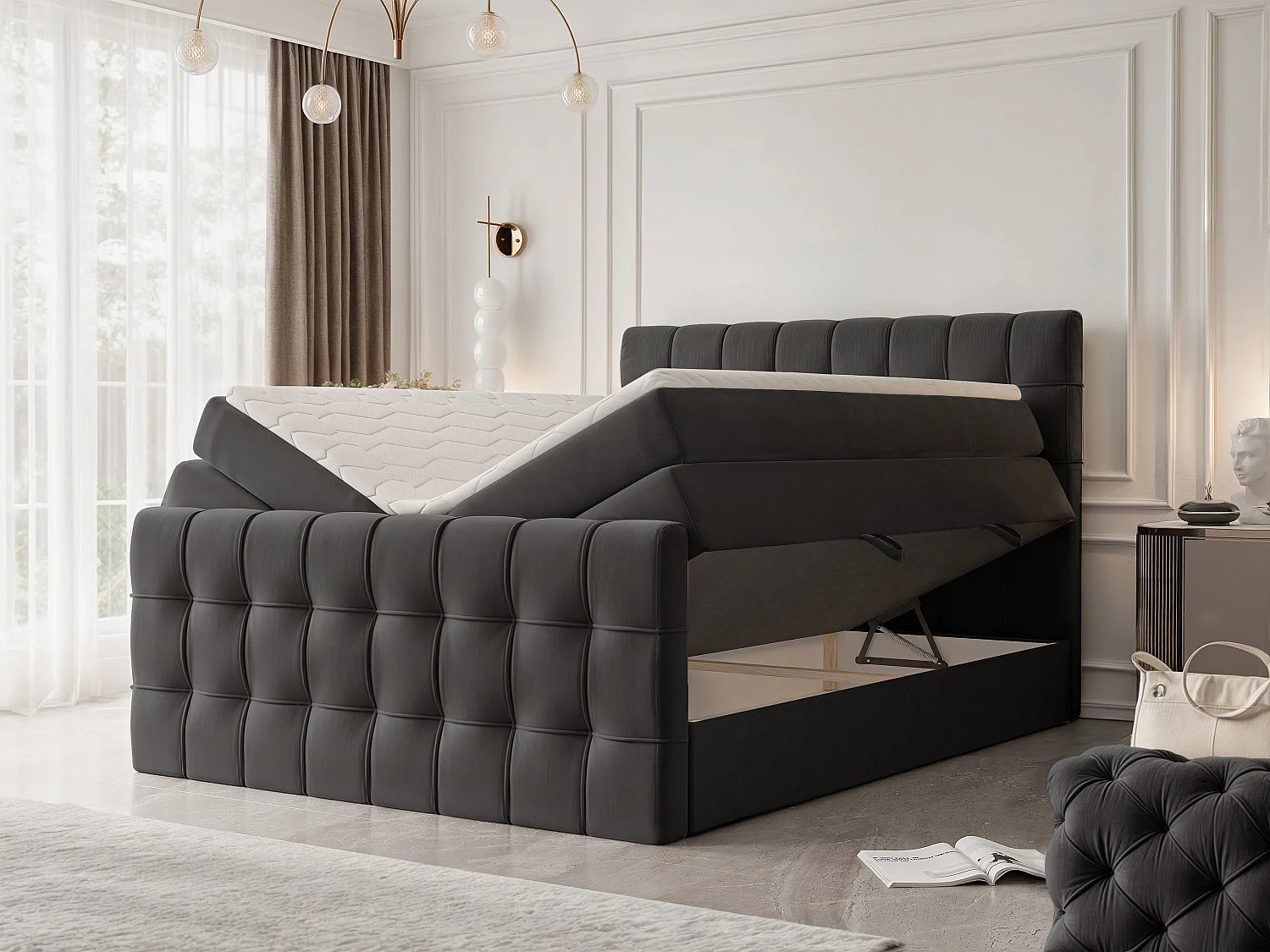 Lit continental rembourré avec surmatelas, gris anthracite - 200x200 - SANTORIO
