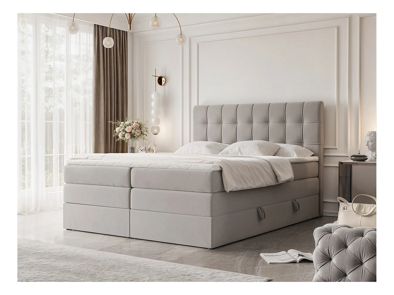 Lit continental rembourré avec surmatelas, gris clair - 120x200 - SANTINO