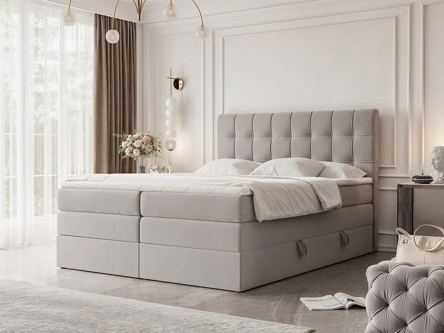 Lit continental rembourré avec surmatelas, gris clair - 180x200 - SANTINO