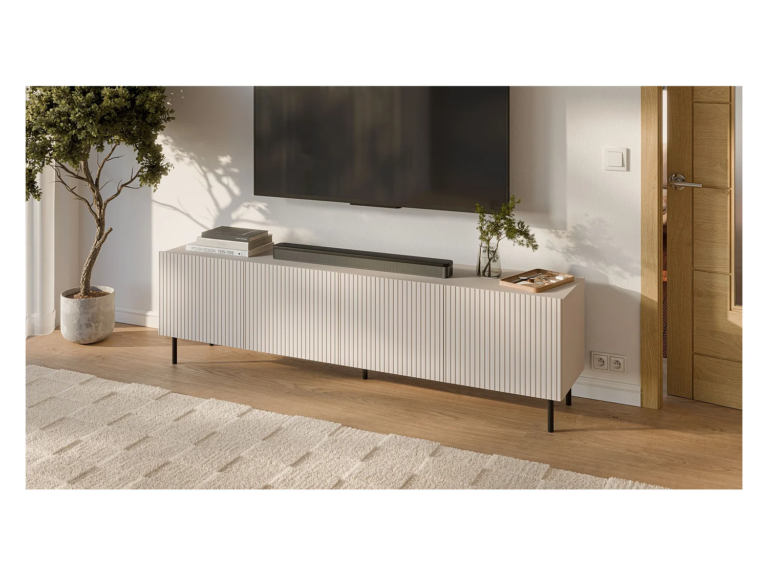 Meuble TV bas Paxos/Portes tournantes/MDF et plateau de meuble/Gris