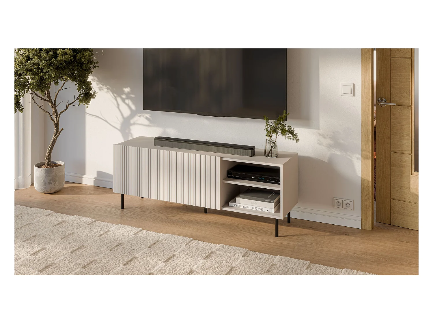 Meuble TV bas Paxos/Portes tournantes/MDF et plateau de meuble/Gris