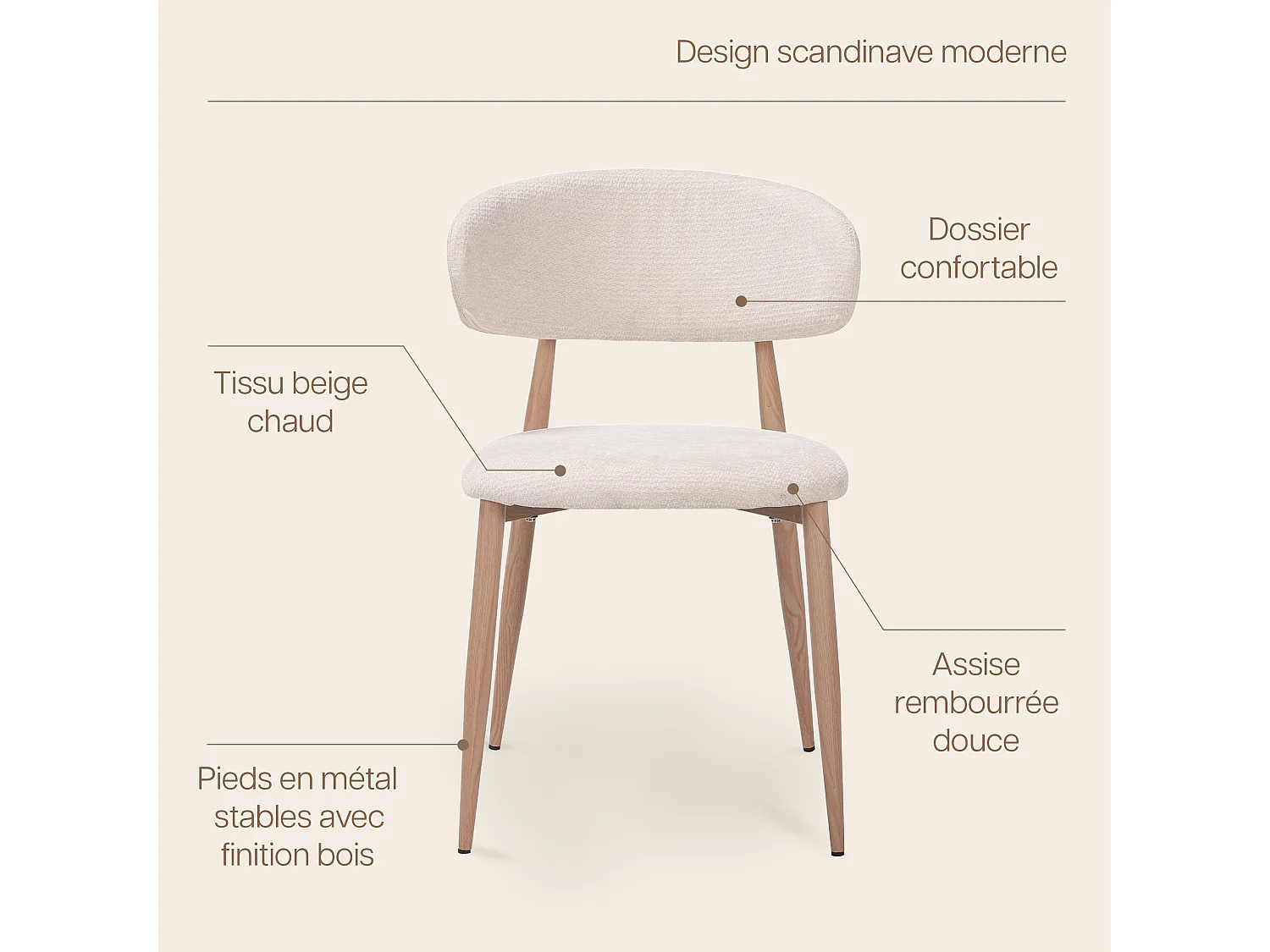 Lot de 6 chaises salle à manger - Tissu beige - Pieds effet bois chêne naturel clair - LEA