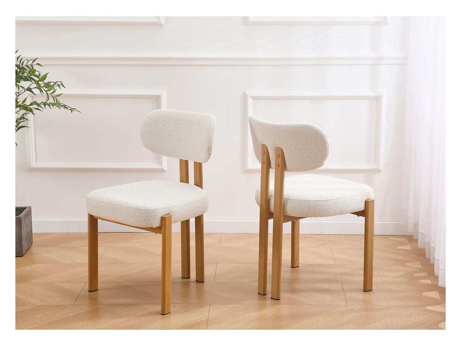 Lot de 2 chaises en tissu bouclette et effet bois chêne - Beige et naturel - NOA