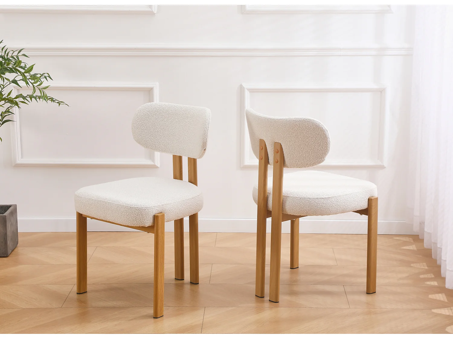 Lot de 2 chaises en tissu bouclette et effet bois chêne - Beige et naturel - NOA