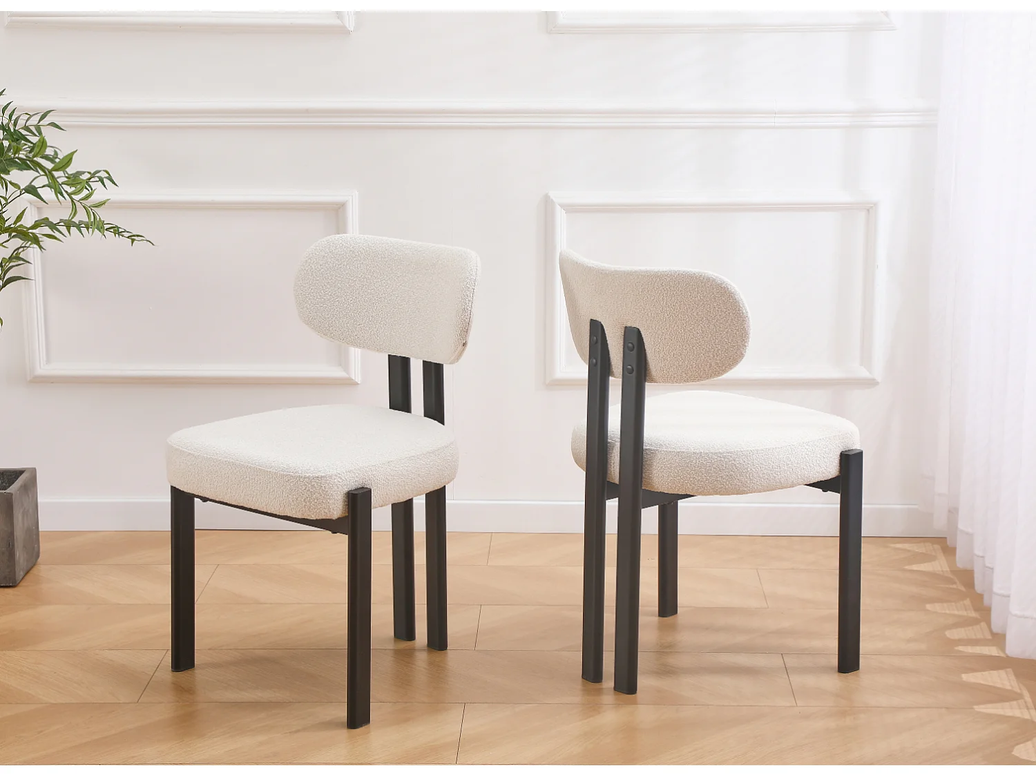 Lot de 2 chaises en tissu bouclette et métal noir - Beige et noir - NOA