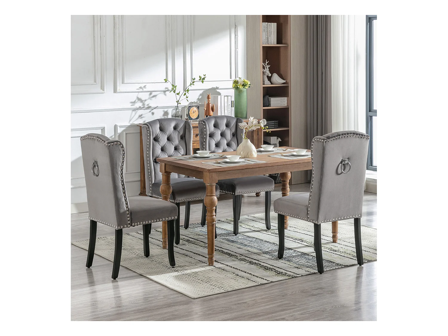 Set van 4 fluwelen eetkamerstoelen, eikenhouten poten, elegant design, grijs (L 103,68 x B 50,29 x H 46,36 cm)