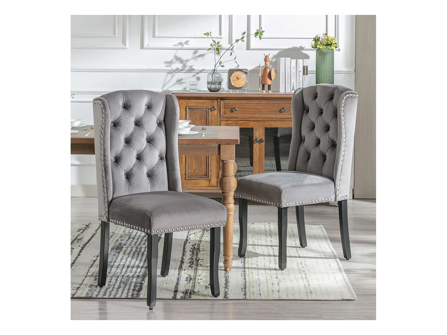 Set van 4 fluwelen eetkamerstoelen, eikenhouten poten, elegant design, grijs (L 103,68 x B 50,29 x H 46,36 cm)