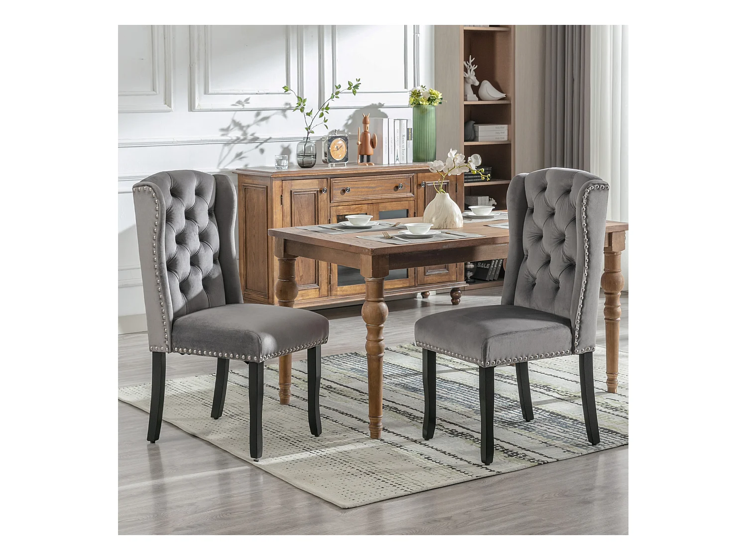 Set di 6 sedie da pranzo in velluto, poltrona con gambe in rovere, design moderno, grigio (L 103,68 x P 50,29 x A 46,36 cm)