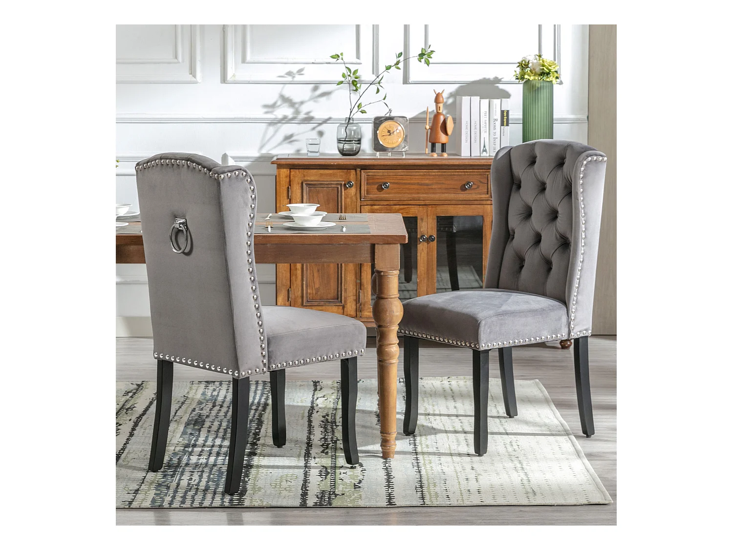 Set di 6 sedie da pranzo in velluto, poltrona con gambe in rovere, design moderno, grigio (L 103,68 x P 50,29 x A 46,36 cm)