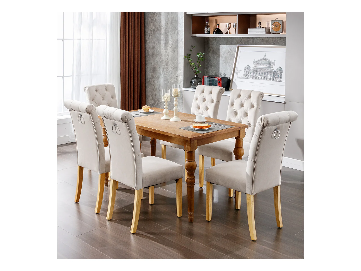 Chaise de salle à manger en velours, 4 pièces, pieds en chêne, boutons et clous métalliques, beige (L 104.67 x l 46.99 x H 36.2 cm)