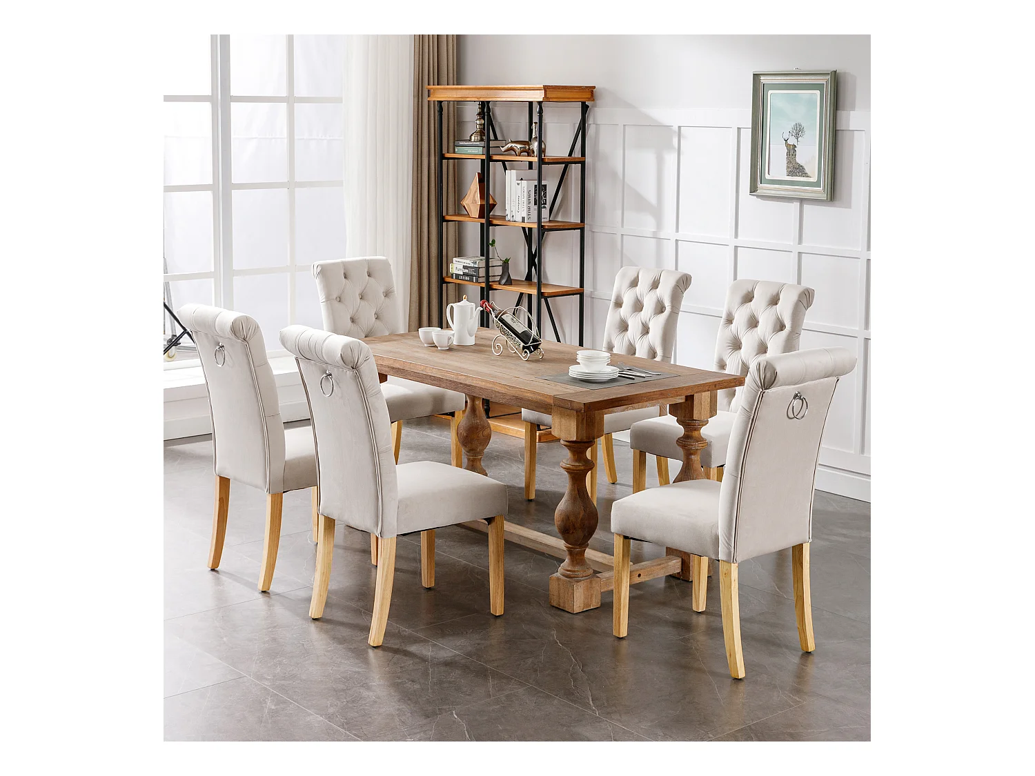 Chaise de salle à manger en velours, 4 pièces, pieds en chêne, boutons et clous métalliques, beige (L 104.67 x l 46.99 x H 36.2 cm)