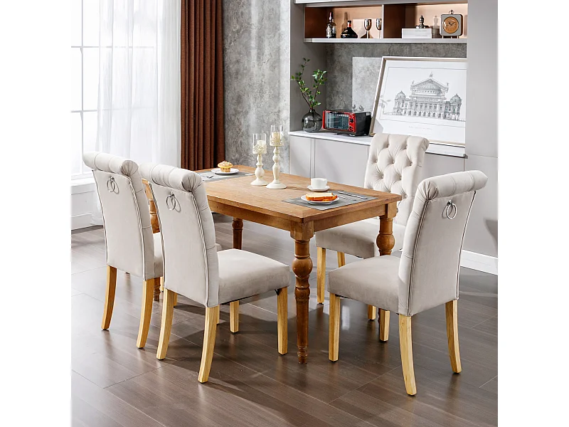 Chaise de salle à manger en velours, 4 pièces, pieds en chêne, boutons et clous métalliques, beige (L 104.67 x l 46.99 x H 36.2 cm)