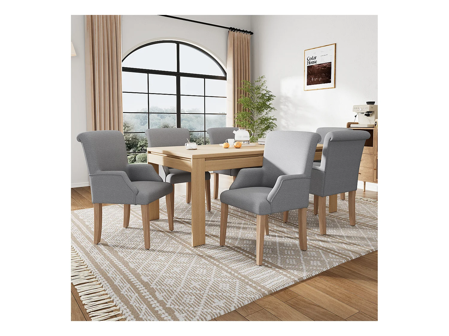 Lot de 6 chaises de salle à manger en lin, pieds en bois massif, coussins épais, pieds réglables, gris